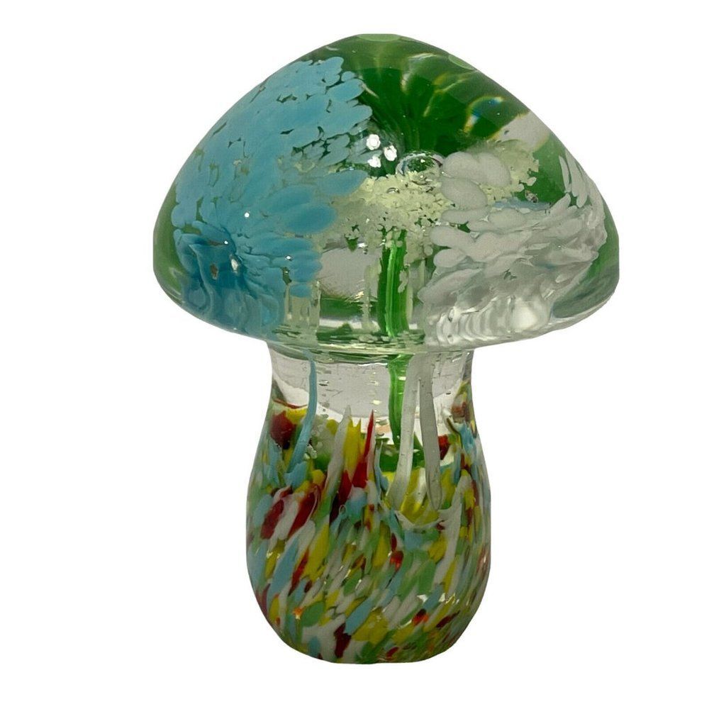 Hand Blown Glass MUSHROOM PAPERWEIGHT With Controlled Bubble Millefiori
